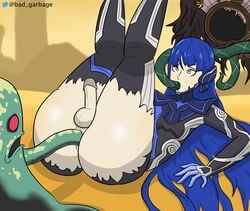 anal anal_sex ass atlus badatgarbage big_ass blue_hair bodysuit demon desert erection femboy huge_ass legs_up long_hair male_only male_penetrated megami_tensei monster nahobino_(smt) oral oral_penetration oral_sex penis penis_out protagonist_(shin_megami_tensei_v) red_eyes ruins shin_megami_tensei shin_megami_tensei_v shocked_expression slime tentacle yaoi yellow_eyes