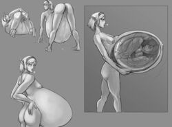 backpussy belly belly_visible_through_thighs bent_over big_belly breasts elf female female_only fetus huge_belly nipples nude pointy_ears pregnant pussy pussy_juice umbilical_cord unbirth unbirthing unf0cused veiny_belly vore x-ray