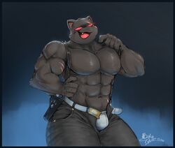 1boy 2021 abs anthro bara barazoku belt big_muscles bottomwear bulge clothed clothing domestic_cat epic_games eye_scar facial_scar fangs felid feline felis fortnite fur gay gay_male glistening glistening_body glowing glowing_eyes grey_body grey_bottomwear grey_clothing grey_fur grey_pants hi_res holster huge_muscles inkart_flow male male_only mammal meowscles_(fortnite) muscular muscular_anthro muscular_male navel open_bottomwear open_clothing open_mouth open_pants open_smile pants pecs pockets red_eyes scar scratches shadow_meowscles_(fortnite) signature simple_background smile solo standing suspenders tongue topless underwear video_games