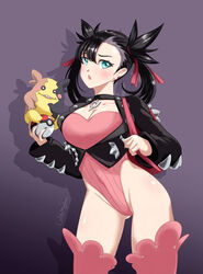 1girls bare_thighs big_breasts black_hair blue_eyes breasts cleavage female_focus goth leotard lolitamajin marnie_(pokemon) morpeko pokemon pokemon_ss tagme