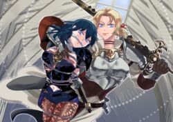 2girls arms_behind_back arms_tied_behind_back asou551 blonde_hair blue_eyes blush bondage bound bound_arms bound_legs byleth_(fire_emblem) byleth_(fire_emblem)_(female) captured catherine_(fire_emblem) cleave_gag cloth_gag female female_only female_protagonist femdom femsub fire_emblem fire_emblem:_three_houses gag gagged improvised_gag knife leggings medium_hair nintendo ponytail restrained rope rope_between_breasts rope_bondage shorts smile sword sword_of_the_creator teal_hair thighs tied_up weapon yuri