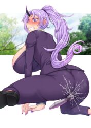 ass blush breasts female female_ejaculation full-face_blush high_ponytail highres hitachi_magic_wand horns huge_breasts light_purple_hair loafers long_hair niwatora oni_horns pants purple_eyes purple_nails purple_pants purple_suit pussy_juice saliva sex_toy shion_(tensei_shitara_slime_datta_ken) shoes solo tears teeth tensei_shitara_slime_datta_ken vibrator