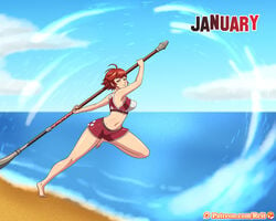 1girls alternate_costume barefoot beach bikini bikini_shorts bikini_top breasts female female_only fire_emblem fire_emblem_fates hinoka_(fire_emblem) holding_spear holding_weapon large_breasts multicolored_bikini naginata navel nintendo ocean red_bikini red_eyes red_hair red_shorts red_swimsuit reit sand solo spear sports_bikini swimsuit water