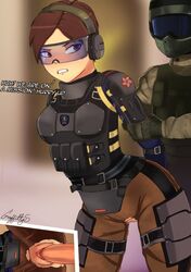 arm_grab blurred_background breasts brown_hair clothed clothing female female/male female_penetrated from_behind fuze_(rainbow_six) glasses hair headgear headphones rainbow_six rainbow_six_siege tactical_gear text under_view vagina vaginal vaginal_penetration vaginal_sex ying_(rainbow_six)