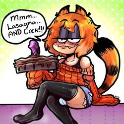 1boy black_socks cat_ears dildo fang femboy femboy_garfield freckles garfield_(series) garfield_the_cat gijinka half-closed_eyes lasagna legs_crossed male male_only sammmtz1 short_shorts solo sweater tagme