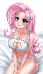 1girls big_breasts blush bra breasts cat_keyhole_bra cat_keyhole_lingerie cat_lingerie cleavage cleavage_cutout clothed cute female fluttershy_(mlp) friendship_is_magic hasbro human humanized lingerie long_hair my_little_pony navel not_furry panties pink_hair racoonkun side-tie_panties sitting smile solo solo_female straight_hair