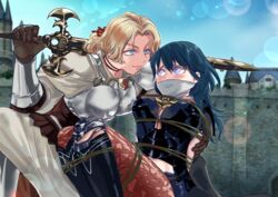 2girls arms_behind_back arms_tied_behind_back asou551 blonde_hair blue_eyes blush bondage bound bound_arms bound_legs byleth_(fire_emblem) byleth_(fire_emblem)_(female) captured catherine_(fire_emblem) cloth_gag female female_only female_protagonist femdom femsub fire_emblem fire_emblem:_three_houses gag gagged improvised_gag leggings looking_at_another medium_hair nintendo ponytail restrained rope rope_between_breasts rope_bondage shorts smile sword sword_of_the_creator teal_hair tied_up weapon yuri