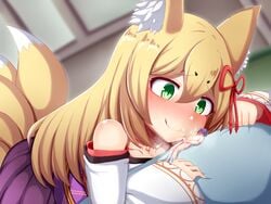 1boy animal_ear_fluff animal_ears bangs bare_shoulders blonde_hair blush breasts closed_mouth commentary_request cum detached_sleeves eyebrows_visible_through_hair female fox_ears fox_tail giant giantess green_eyes hair_ornament hair_ribbon highres indoors japanese_clothes kitsune long_hair luka_(mon-musu_quest!) male_masturbation masturbation monster_girl monster_girl_quest multiple_tails nude raichi_(ddq0246) ribbon slit_pupils smile tail tamamo_(monster_girl_quest) tattoo tongue tongue_out wide_sleeves