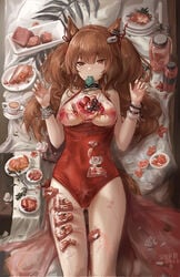 angelina_(arknights) angelina_(summer_flowers)_(arknights) animal_ears areolae arknights blush bracelet bracelets breasts breasts_out brown_hair chains choker condom condom_in_mouth condom_wrapper earrings embarrassed exposed_breasts female female_only food food_on_body food_play heart-shaped_pupils legs living_food_tray long_hair lying lying_on_back medium_breasts navel nipples nyotaimori on_back one-piece_swimsuit red_eyes red_one-piece_swimsuit red_swimsuit sawkm seductive solo_female sticky swimsuit tagme