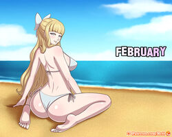 1girls alternate_costume ass back_view barefoot beach bikini blonde_hair blue_eyes bow breasts charlotte_(fire_emblem) female female_only fire_emblem fire_emblem_fates large_ass large_breasts long_hair nintendo ocean reit sand side-tie_bikini silver_bikini silver_swimsuit solo swimsuit wariza water white_bikini