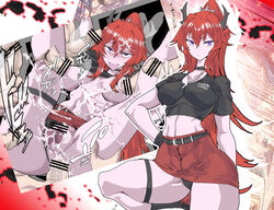 ahe_gao arknights big_breasts cum cum_inside cumdrip_onto_panties gangbang group horn long_hair red_eyes red_hair resa_(artist) spread_legs surtr_(arknights)