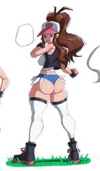 1girls 2021 ass ass_cheeks ass_focus ass_shot black_vest blue_eyes booty_shorts breasts brown_hair bubble_butt clothed clothed_female female female_focus female_only hat hilda_(pokemon) holding_object jean_shorts large_ass large_breasts long_hair long_ponytail makinakid midriff nintendo pokeball pokemon pokemon_bw ponytail short_shorts shorts simple_background skindentation smile thick_thighs thighhighs thighs white_background white_hat white_shirt white_thighhighs