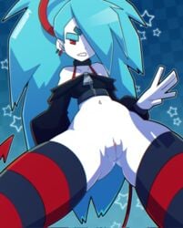 bangs_over_eyes biting_lip blue_hair collar demon demon_girl demon_humanoid demon_tail ear_piercing edit elith_(unknownspy) fallen_angel jacket long_hair navel partially_clothed pussy pussy_juice pussy_juice_drip red_eyes shaved_pussy stockings succubus_tail tail unknownspy unknownspy_(artist) white_body