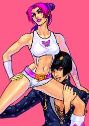 1girls black_hair bob_cut bruno_buccellati hair_ornament imageboard_desourced jojo's_bizarre_adventure jojo_no_kimyou_na_bouken jolyne_kujo licking midriff multicolored_hair navel_piercing non-web_source piercing pink_eyes purple_eyes short_shorts shorts simple_background stone_ocean sweat two-tone_hair vento_aureo zipper