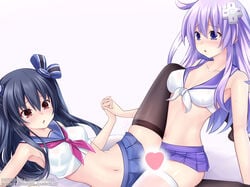 2girls bangs black_hair black_legwear blush censored choujigen_game_neptune eyebrows_visible_through_hair gabriel_evangel hair_ornament heart_censor highres holding_hands microskirt multiple_girls nepgear neptunia_(series) no_panties patreon_username purple_eyes purple_hair red_eyes reward_available school_uniform serafuku sex simple_background skindentation skirt thighhighs tribadism uni_(neptunia) white_legwear yuri