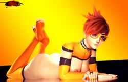 3d dyed_hair glasses goth kingtigerfr nipple_piercing orange_clothing overwatch piercing septum_piercing shiny_skin spiked_collar the_pose toeless_legwear tracer