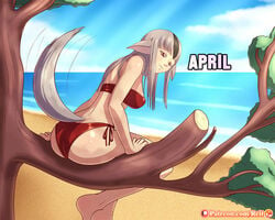 1girls alternate_costume ass bandeau barefoot beach bikini black_streaked_hair butt_crack female female_only fire_emblem fire_emblem_fates humanoid long_hair nintendo ocean red_bikini red_swimsuit reit side-tie_bikini sitting sky solo strapless_bikini streaked_hair swimsuit tree velouria velouria_(fire_emblem) water white_hair wolf_ears wolf_tail wolfskin