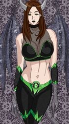 1girls ben_10 ben_tennyson black_lipstick dragon dragon_girl dragon_wings female female_ben gender_transformation genderswap_(mtf) green_eyes horns long_hair maudxie midriff mtf_transformation navel rule_63 species_transformation