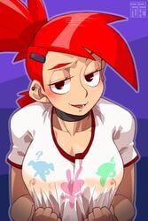 1girls blush breasts cartoon_network choker clothed earrings female female_only foster's_home_for_imaginary_friends frankie_foster half-closed_eyes looking_at_viewer nipples nipples_visible_through_clothing open_mouth ponytail red_hair seductive_look see-through see-through_clothing shirt_pull smile solo t-shirt tied_hair zznakuu