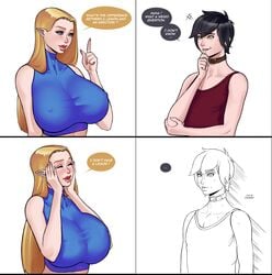 1boy 1futa 2d amber_(ocubze) ambiguous_gender areolae big_breasts black_hair black_hair_bottom blonde_hair blonde_hair_on_black_hair blonde_hair_top blue_eyes blush breasts choker closed_eyes clothed clothing comic crop_top dialogue domination duo eyeshadow femboy fully_clothed funny futanari girly hands_on_face huge_breasts human humanoid humor implied_futanari large_breasts light-skinned_futanari light-skinned_male light_hair_on_dark_hair light_skin lipstick long_hair male meme nipples original otto_cubze pale_skin plain_background pointy_ears see-through see-through_clothing short_hair skin_tight smile speech_bubble standing sweat text thick_lips tight_clothing tight_shirt trap white_background yellow_eyes