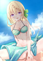 1boy beach bikini bikini_top blonde_hair blur_censor braid braided_bangs breasts censored clothed_sex commentary cowgirl_position eyebrows_visible_through_hair female green_ribbons kantai_collection long_hair medium_breasts navel no_panties penis perspective perth_(kantai_collection) purple_eyes pussy ribbon sarong sarong_aside sex spread_legs squatting_cowgirl_position straddling straight suzukawa_sagiri swimsuit vaginal_penetration