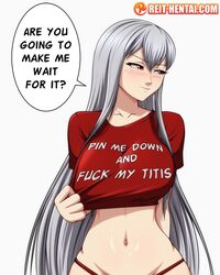 1girls big_breasts blush clothing english_text female horny_female imminent_sex inviting_to_sex large_breasts looking_away looking_to_the_side red_eyes reit selvaria_bles sex_request slight_blush solo suggestive_shirt text text_bubble valkyria_chronicles white_background white_hair