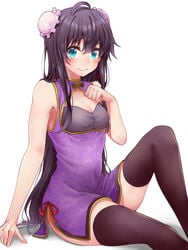 ahoge bangs black_hair black_legwear blue_eyes blush breasts bun_cover china_dress chinese_clothes clavicle cleavage closed_mouth clothing dress female hair_between_eyes high_resolution legwear long_hair looking_at_viewer my_teen_romantic_comedy_snafu purple_dress red_hayao red_ribbon ribbon shiny shiny_hair short_dress side_slit simple_background sitting sleeveless sleeveless_dress small_breasts smile solo tagme thighhighs thighs very_long_hair white_background yukinoshita_yukino zettai_ryouiki