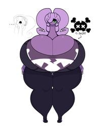 ... breasts dewbber fan_character female goodra hair_over_one_eye headphones huge_breasts nintendo pokémon_(species) pokemon pokemon_(species) skull_and_crossbones text thick_thighs uva_(dewbber) video_games wide_hips