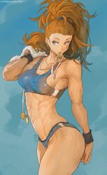 1girls abs absurd_res artist_name blue_eyes breasts captain_mizuki cleavage cutesexyrobutts erect_nipples erect_nipples_under_clothes female_only hi_res long_hair medal medium_breasts muscular_female nipple_bulge one-punch_man orange_hair signature solo sports_bra sportswear thick_thighs thighs