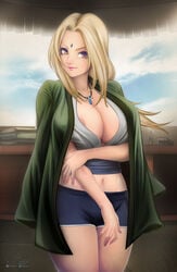 1girls alternate_version_available areolae big_breasts blonde_hair booty_shorts boruto:_naruto_next_generations breasts breasts_out brown_eyes busty clothed clothing curvaceous curvy curvy_figure desk erect_nipples female female_only forehead_jewel forehead_mark fully_clothed haori hourglass_figure human jacket jewelry large_areolae large_breasts light-skinned_female light_skin lipstick looking_at_viewer makeup mature mature_female milf naruto naruto_(classic) naruto_(series) naruto_shippuden necklace nipples no_bra office oicram_art pink_lips pink_lipstick pink_nipples pinup pose posing short_shorts shorts shounen_jump solo standing thick_thighs thighs tsunade voluptuous wide_hips window