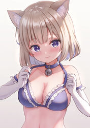 1girls animal_ears bare_shoulders bell blue_bra blue_choker bob_cut bra breasts brown_hair cat_ears choker cleavage collarbone elbow_gloves female female_only frilled_bra frills gloves halterneck highres jingle_bell large_breasts looking_at_viewer original purple_eyes sakuraume short_hair simple_background solo strap_pull underwear upper_body white_background white_gloves