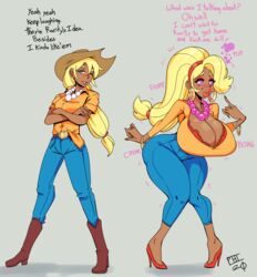 2020 applejack_(mlp) ass_expansion before_and_after bimbo bimbofication bimbophi brainwashing breast_expansion dark_skin dated english_text female fully_clothed high_heels huge_ass huge_breasts hypnosis milf my_little_pony post_transformation revealing_clothes signature text transformation