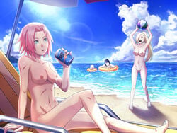 1animal 3girls accurate_art_style ball barefoot beach beach_ball bikini_removed black_hair blue_sky breasts can chair closed_eyes clouds completely_nude completely_nude_female detailed_background dp1757 drink edit feet female female_only floater hair_over_one_eye holding_object innie_pussy ino_yamanaka light_particles long_hair medium_breasts multiple_girls naked naruto naruto_(series) naruto_shippuden nipples nude nude_female nude_filter ocean open_mouth open_smile outdoor_nudity outdoors paipan pale-skinned_female pale_skin partially_submerged pelvic_curtain perky_breasts pig pussy relaxed sakura_haruno sand shizune shore sitting soda sun sunlight third-party_edit toes tonton umbrella
