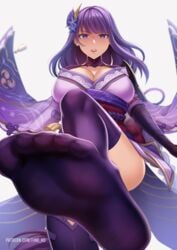 dominant_female feet femdom fino_ko genshin_impact looking_at_viewer mature_female milf no_shoes raiden_shogun sole_female soles thighhighs trample trampling