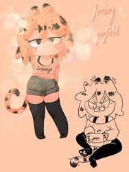 1boy :3 cat_humanoid cute femboy femboy_garfield garfield_(series) garfield_the_cat girly heart-shaped_pupils looking_at_viewer male male_only smile smug softmarshmallo solo stockings tagme thighs