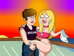 american_dad artist_request bottomless butch chakoozie clothed clothed_female female francine_smith imminent_kiss imminent_sex light-skinned_female light_skin milf no_panties pantless public_nudity rock_and_roll_sherpa_(francine_smith) security_guard_(american_dad) short_hair yuri