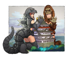 2girls female_only giantess gijinka godzilla godzilla_(series) kaiju king_kong king_kong_vs_godzilla looking_at_viewer rule_63 tagme toho urasatos