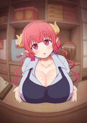 1girls 2021 2d apron bangs big_breasts blush breasts breasts_on_table cleavage clerk clothed clothed_female cute dragon_girl dragon_horns dragon_maid eyebrows_visible_through_hair female female_focus female_only fisheye_lens heart horns huge_breasts ilulu_(dragon_maid) indoors large_breasts light-skinned_female light_skin long_hair looking_at_viewer miss_kobayashi's_dragon_maid pale-skinned_female pale_skin pink_eyes pink_hair pointy_ears ponpo ponponmaru ponpuramu pov pov_eye_contact presenting_breasts shiny_skin shirt shortstack slit_pupils smile solo store twintails wholesome