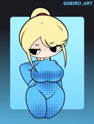 animated beauty_mark bouncing_breasts bouncy chibi_style hand_on_hip large_breasts looking_away metroid ponytail samus_aran seiro_art thick_thighs watermark zero_suit