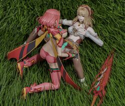 2girls 3d clothed_female fiora_(xenoblade) grass happy_sex hazelderp imminent_penetration no_panties outdoors pyra strap-on xenoblade_(series) xenoblade_chronicles xenoblade_chronicles_2 yuri