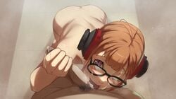 1boy ass commentary fellatio female glasses handjob headphones highres kasseusmaximus licking long_hair looking_at_viewer male_pubic_hair nude oral orange_hair penis persona persona_5 pink_eyes pov precum pubic_hair sakura_futaba shiny shiny_hair uncensored