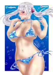 1girls areolae big_breasts bikini black_clover blush grey_hair hito_clover looking_at_viewer looking_away nipples noelle_silva nude nude_female pink_eyes pubic_hair silver_hair silver_pubic_hair swimsuit twintails