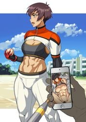 1girls abs after_sex armpit_hair armpits ball baseball baseball_bat baseball_uniform brown_hair cellphone cloud cloudy_sky commentary_request covering_eyes day ear_piercing female female_pubic_hair gloves holding holding_ball holding_phone juxtaposition midriff mikoyan muscular muscular_female navel nipples open_mouth original outdoors pants phone photo_comparison piercing pov pov_hands pubic_hair short_hair sky smartphone solo sports_bra sportswear thick_eyebrows tomboy very_short_hair