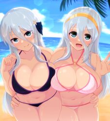 2021 2girls bare_hips bare_legs bare_shoulders beach bikini boob_window breast_press breasts cameltoe cleavage gekko_(senran_kagura) green_eyes hairband hands_on_hips huge_breasts legs_together long_hair looking_at_viewer marvelous multiple_girls open_mouth senko_(senran_kagura) senran_kagura siblings sideboob silver_hair sisters small_bikini smile swimsuit thick_thighs thighs water