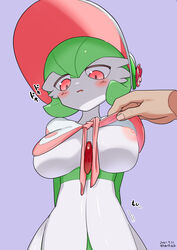 anthro big_breasts blush breasts fashionable_style_gardevoir gardevoir green_hair hand_on_breast hat human nervous pink_nipples pokémon_(species) pokemon pokemon_(species) pokephilia red_eyes shirt_lift skin teramegagiga white_skin