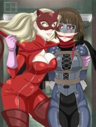 2girls ann_takamaki arms_behind_back blonde_hair bodysuit bondage bound brown_hair captured cleavage clothing e-heron earrings evil_grin femdom femsub gag grin human large_breasts leash long_hair looking_at_viewer makoto_niijima mask pale_skin persona persona_5 phantom_thief_suit red_eyes rope_between_breasts shadow_self_(persona) short_hair smile whip yellow_eyes zipper