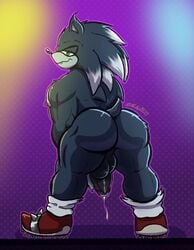 2020 big_ass big_balls big_penis blue_fur blue_skin colorful_background cum cum_leaking femboy footwear green_eyes looking_at_viewer male male_only nipple sega shoes smirk solo solo_male sonic_(series) sonic_the_hedgehog_(series) sonic_the_werehog tail touching_penis watermark werehog zackdadawg