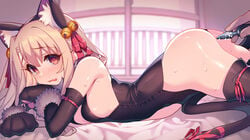 1boy 1girls animal_ear_fluff animal_ears ass bangs bare_shoulders bell black_gloves black_legwear blonde_hair blush breasts buttplug buttplug_tail cat_ears cat_tail center_opening elbow_gloves fake_animal_ears fake_tail fate/kaleid_liner_prisma_illya fate_(series) female fur_collar gloves hair_between_eyes hair_ribbon highres illyasviel_von_einzbern jingle_bell long_hair looking_at_viewer lying male oerba_yun_fang on_stomach open_mouth paw_gloves paws red_eyes ribbon santa_(sunflower) sex_toy sidelocks skin_fang small_breasts solo_focus straight tail thighhighs thighs