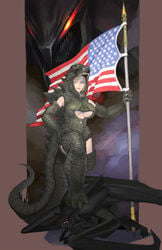 1girls 2016 american_flag blonde_hair blue_eyes boob_window cleavage_cutout female female/female female_focus gijinka godzilla godzilla_(series) inner_sideboob kaiju kaiju_girl massive_unidentified_terrestrial_organism monsterverse muto_(godzilla) muto_female_(godzilla) tagme urasatos