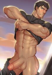 1boy abs bara blush brown_hair clothes_lift davion dota dota:_dragon's_blood dota_2 erection facial_hair forked_eyebrows goatee hi_res lifted_by_self male male_focus male_only mature_male muscular muscular_male navel nipples open_pants pants pectorals penis shirt_lift short_hair solo stomach stubble sweat tan-skinned_male tan_skin thighs uchu_(uchuuux) uncensored undressing